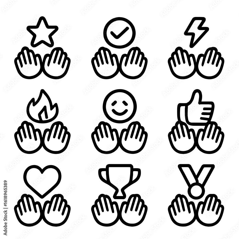 Fototapeta premium High Five Icon Set. Solid, filled icon set of high five symbols: star, check mark, lightning bolt, fire, smile, thumbs up, heart,