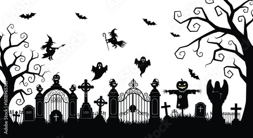 Halloween cemetery scene with witches ghosts bats scarecrow and spooky trees vector