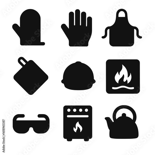 Heat Protection Icons. Solid, filled icon set of heat protection gear: oven mitt, glove, apron, hot pad, helmet, fireproof mat,