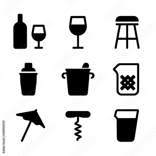 Home Bar Icon Set. Solid, filled icon set of building a home bar: wine bottle, cocktail shaker, wine glass, bar stool, liquor