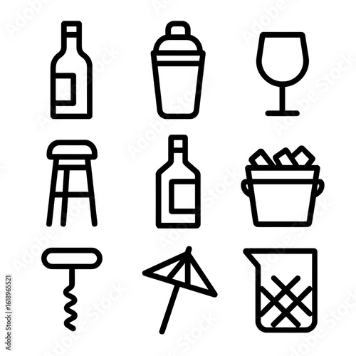 Home Bar Icon Set. Solid, filled icon set of building a home bar: wine bottle, cocktail shaker, wine glass, bar stool, liquor