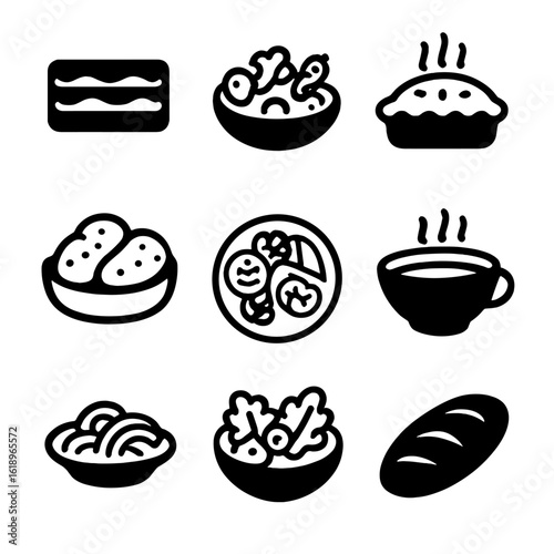 Homemade Dishes Icons. Solid, filled icon set of Homemade dishes: lasagna, vegetable stir-fry, fruit pie, baked potatoes, grilled
