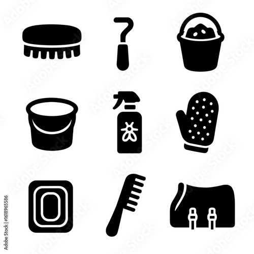 Horse Care Tools Icons. Solid, filled icon set of horse care tools: brush, hoof pick, feed bucket, water bucket, fly spray,