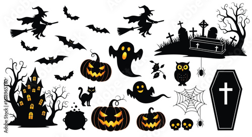 Halloween icons spooky haunted castle witches bats pumpkins ghosts owls spiders coffins cemetery vector