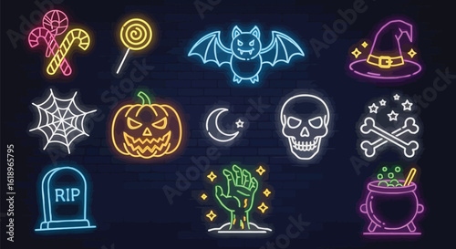 Halloween neon icons candy corn lollipop bat witch hat pumpkin skull tombstone zombie hand cauldron vector