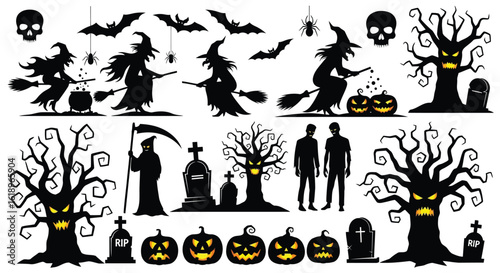 Halloween silhouettes witches bats pumpkins grim reaper zombies spooky trees skulls gravestones vector
