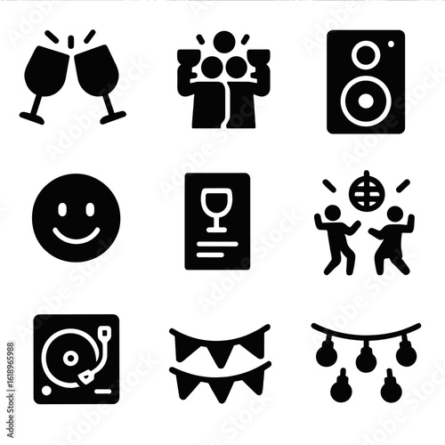 Iconic Party Symbols. Solid, filled icon set of social drinking scenes: clinking glasses, group cheers, happy face, music speaker,