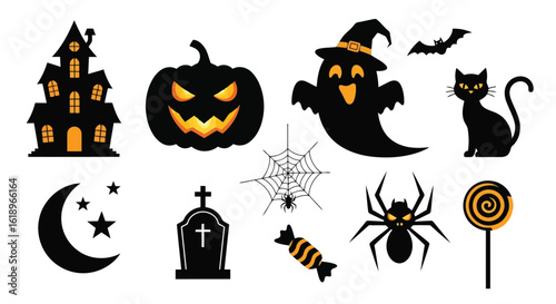 Haunted house pumpkin ghost cat bat moon tombstone spider candy lollipop halloween