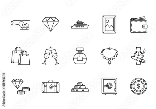 Helicopter diamond yacht framed art wallet shopping bags champagne perfume necklace watch cigar briefcase gold bars safe casino chip