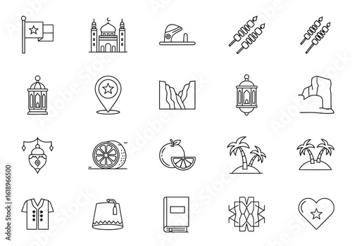 Islamic cultural symbols mosque lantern fruit palm trees book heart flag star