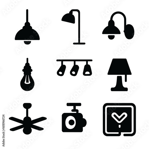 Industrial Loft Lighting Icons. Solid, filled icon set of industrial loft lighting: hanging pendant light, floor lamp, wall sconce