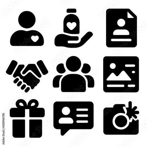 Influencer Icons Grid. Solid, filled icon set of influencer relations: influencer profile, product endorsement, sponsored post,