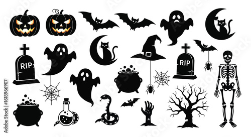 Spooky Halloween creatures and symbols including pumpkins ghosts bats cats witches hats tombstones spiders snakes cauldrons potions and a skeleton