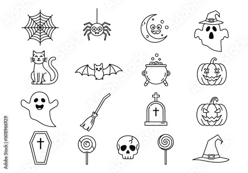 Spooky Halloween icons featuring creatures symbols and objects ghost pumpkin