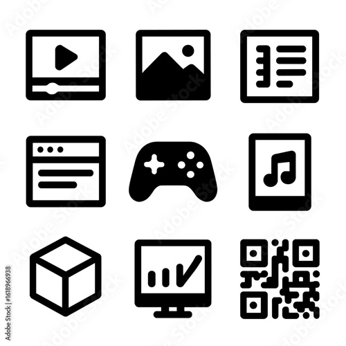 Interactive Display Icons. Solid, filled icon set of interactive display content types: video player, image gallery, document