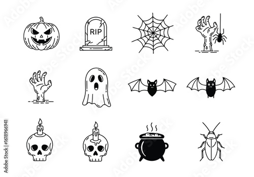 Spooky Halloween icons featuring pumpkin ghost bats skull candle spider web tombstone cauldron cockroach