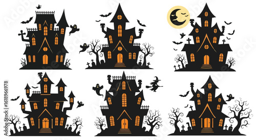 Spooky haunted mansions with ghosts bats and witches haunted house halloween