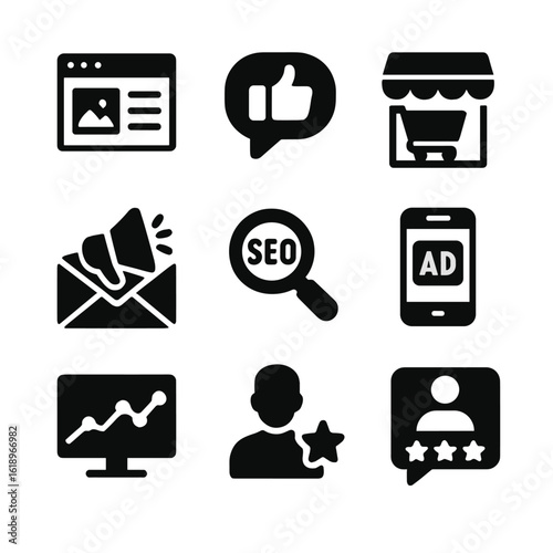Internet Marketing Icons. Solid, filled icon set of internet impact on small business marketing: website, social media, email