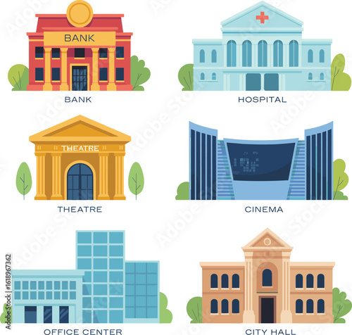 Illustration of city buildings including bank, hospital, theatre, cinema, office center, and city hall, urban architecture, public services.