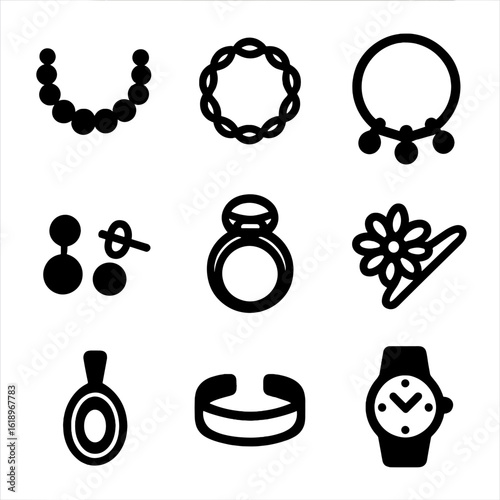 Jewelry Icon Set. Solid, filled icon set of jewelry for mature adults: pearl necklace, gold chain, charm bracelet, stud earrings,