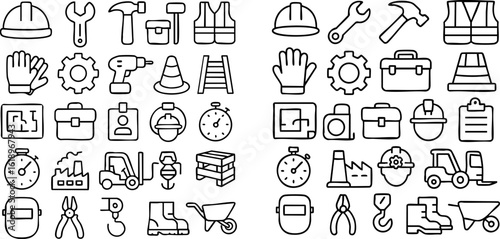 Construction and Industrial Tools Safety Equipment Icons Set.