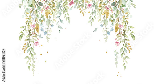 Delicate watercolor floral archway with cascading greenery and soft pastel flowers