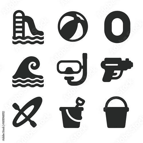 July Water Fun Icons. Solid, filled icon set of July water fun: water slide, beach ball, pool float, kayak, beach wave, snorkel