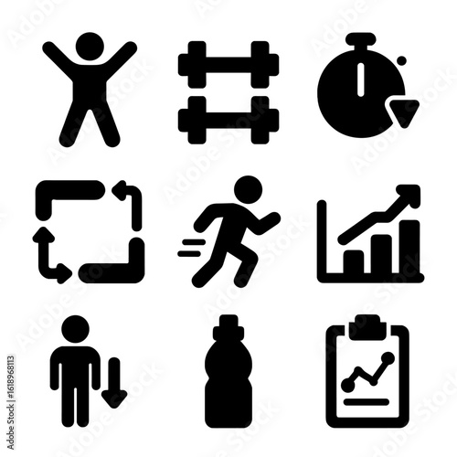 Jumping Jacks Icon Set. Solid, filled icon set of Jumping jacks workout plan: sets, reps, rest intervals, circuit training, HIIT