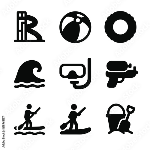July Water Fun Icons. Solid, filled icon set of July water fun: water slide, beach ball, pool float, kayak, beach wave, snorkel
