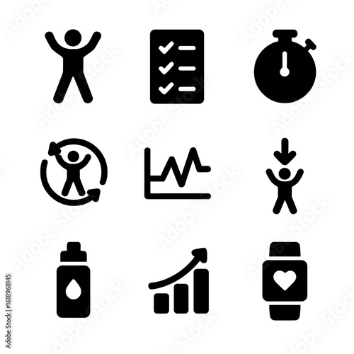 Jumping Jacks Icon Set. Solid, filled icon set of Jumping jacks workout plan: sets, reps, rest intervals, circuit training, HIIT
