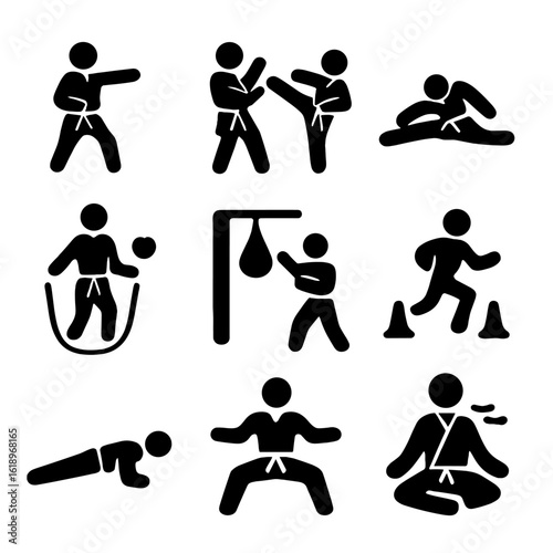 Karate Training Icons. Solid, filled icon set of karate training: shadow boxing, sparring, flexibility, cardio, focus drills,