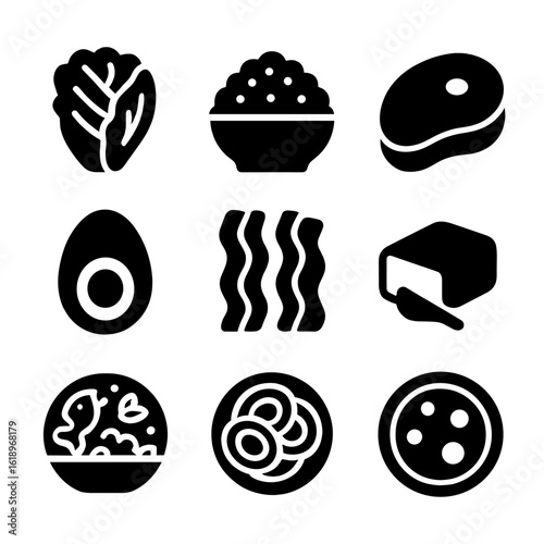 Keto Meal Icons. Solid, filled icon set of keto-friendly meals: lettuce wrap, cauliflower rice, steak, boiled egg, bacon strips,