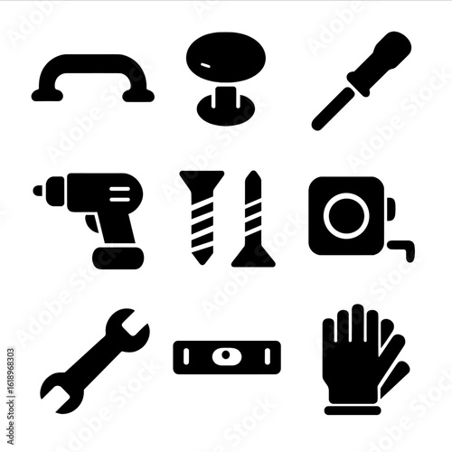 Kitchen Hardware Icons. Solid, filled icon set of installing new kitchen hardware: cabinet handle, drawer knob, screwdriver, drill