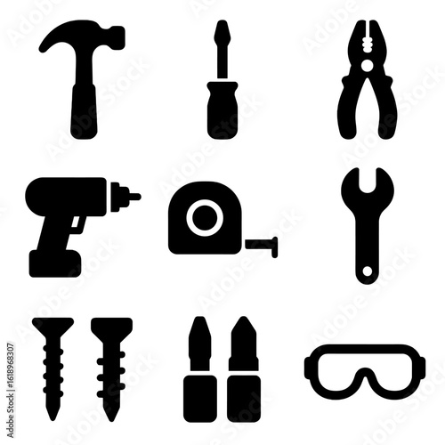 Kitchen Renovation Tools Icons. Solid, filled icon set of kitchen renovation tools: hammer, screwdriver, pliers, drill, tape