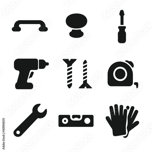 Kitchen Hardware Icons. Solid, filled icon set of installing new kitchen hardware: cabinet handle, drawer knob, screwdriver, drill