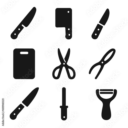 Kitchen Tool Icons. Solid, filled icon set of cutting and chopping tools: chef’s knife, cleaver, paring knife, boning knife,