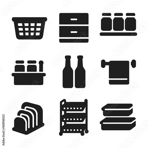 Kitchen Storage Icons. Solid, filled icon set of storage cart organization: baskets, drawers, jars, spice rack, bottles, towel