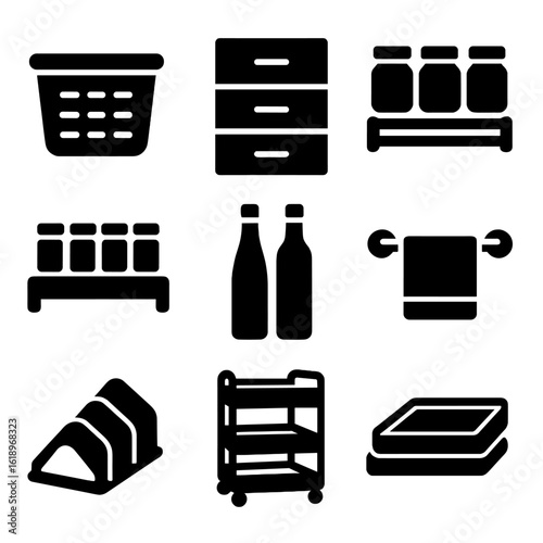Kitchen Storage Icons. Solid, filled icon set of storage cart organization: baskets, drawers, jars, spice rack, bottles, towel