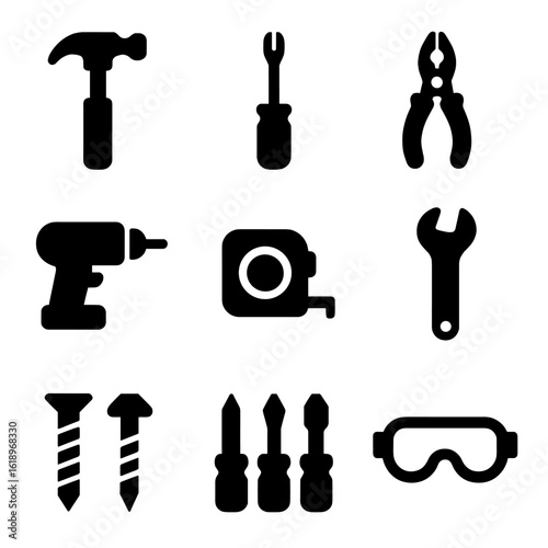 Kitchen Renovation Tools Icons. Solid, filled icon set of kitchen renovation tools: hammer, screwdriver, pliers, drill, tape