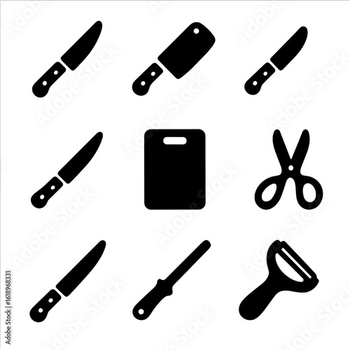 Kitchen Tool Icons. Solid, filled icon set of cutting and chopping tools: chef’s knife, cleaver, paring knife, boning knife,