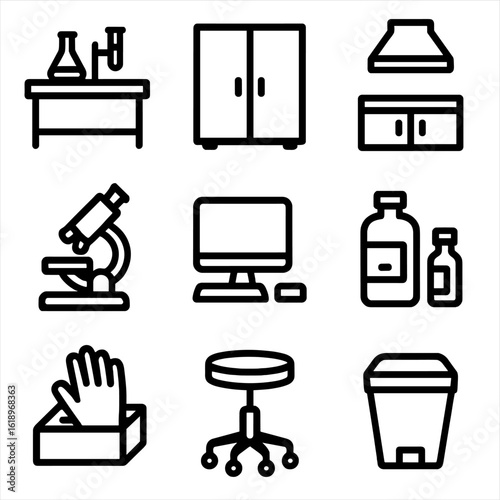 Lab Equipment Icons. Solid, filled icon set of lab setup and environment: lab table, storage cabinet, fume hood, microscope,