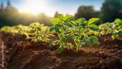 healthy potato plants growing in rich soil on a sunny day