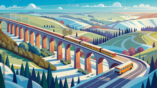 An aerial view above the west side of the Corby Viaduct on the outskirts of Corby, Northampton, UK on a bright winter’s day reveals arches glowing in sunlight. Semi-realistic vector art highlights cri