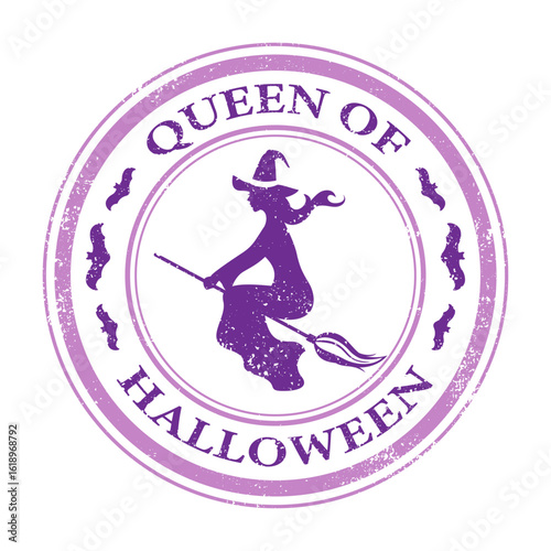 A grunge circle stamp with witch and queen of halloween text
