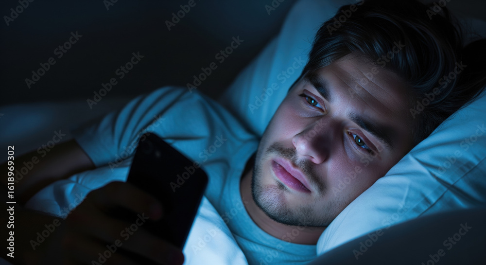 Fototapeta premium Man in bed looking at his phone in a dark room, symbolizing late-night screen use, sleep issues, and digital distraction.