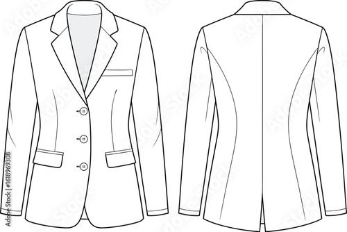 Women’s blazer fashion flat sketch, front and back view, tailored jacket design template, technical drawing, apparel design illustration