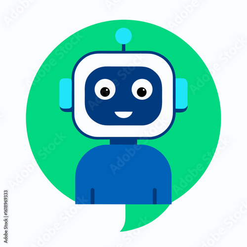Cute AI Chatbot Cartoon Icon – Smiling Face in Speech Bubble, Blue & Green Flat Vector