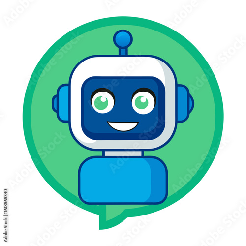 Cute AI Chatbot Cartoon Icon – Smiling Face in Speech Bubble, Blue & Green Flat Vector