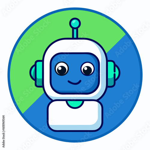 Cute AI Chatbot Cartoon Icon – Smiling Face in Speech Bubble, Blue & Green Flat Vector