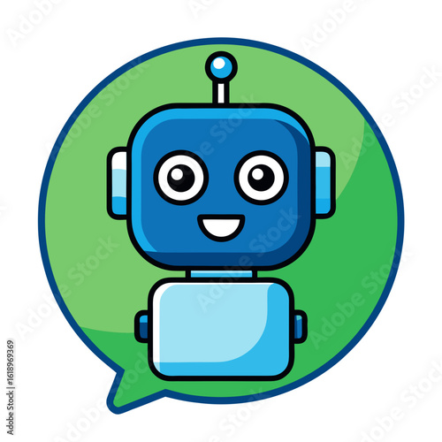 Cute AI Chatbot Cartoon Icon – Smiling Face in Speech Bubble, Blue & Green Flat Vector